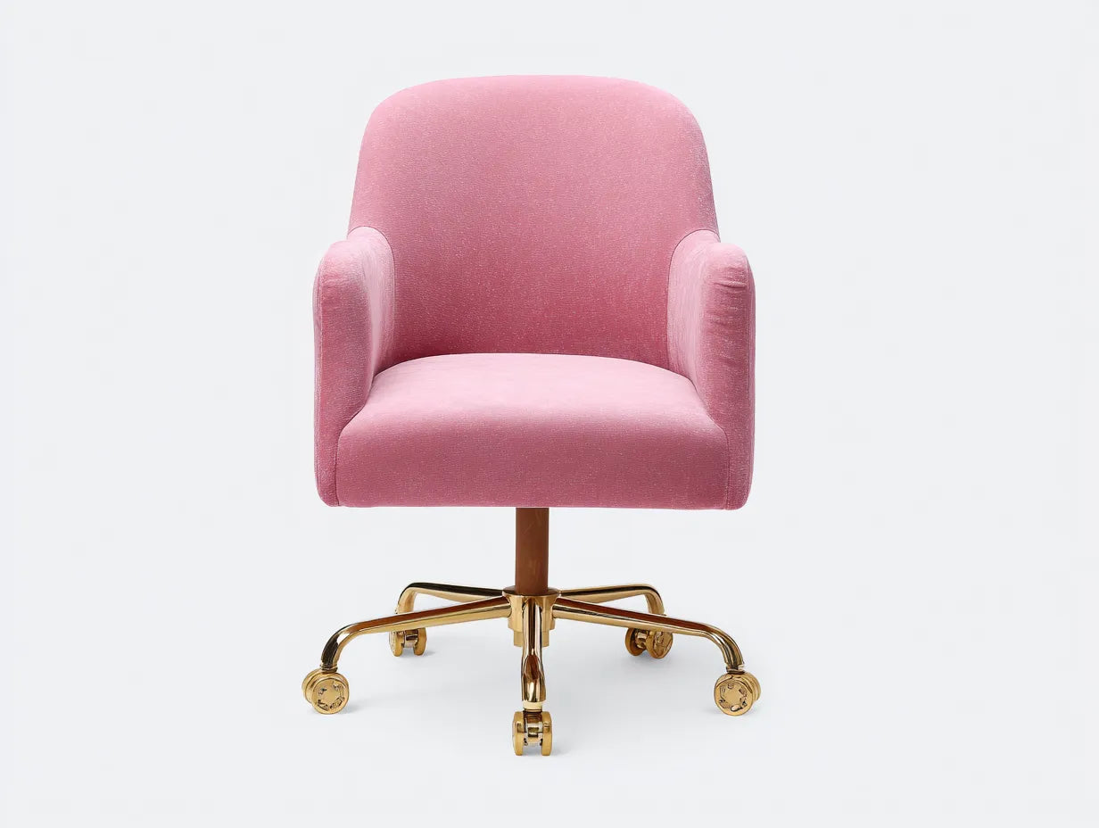Bürostuhl 60 x 64 x 86 cm - rosafarbener Stoffbezug und goldfarbenes Metallgestell mit Rollen - rosa - moderner Drehstuhl mit Armlehnen für Schminktisch und Homeoffice
