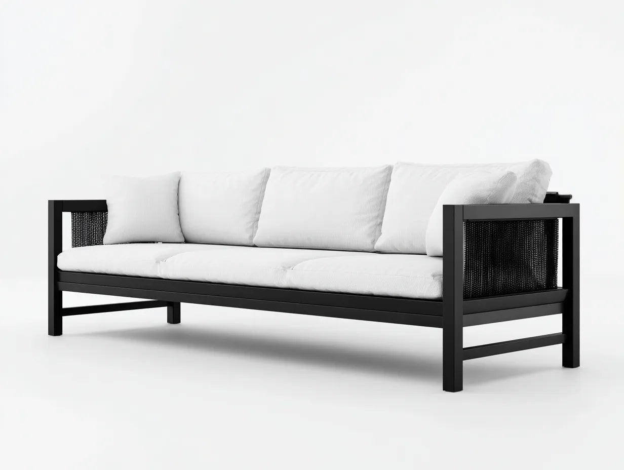 Gartensofa 3-Sitzer Metall mit Geflecht 204 x 83 x 81 cm - schwarz und weiß - für Terrasse und Garten - modernes Kontrastdesign