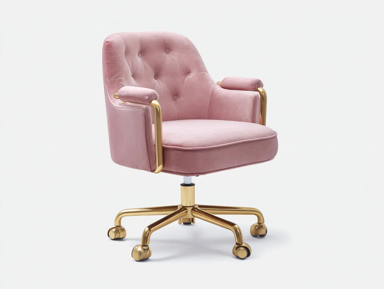 Bürostuhl 62 x 66 x 89 cm - rosafarbener Samtbezug und goldfarbenes Metallgestell mit Rollen - rosa - eleganter Drehstuhl mit Armlehnen für Schminktisch und Arbeitszimmer