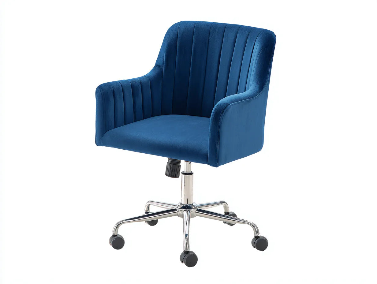 Bürostuhl 61 x 60 x 88 cm - Samtbezug und verchromtes Drehgestell mit Rollen - blau - gepolsterter Arbeitsstuhl mit Armlehnen für Büro und Homeoffice