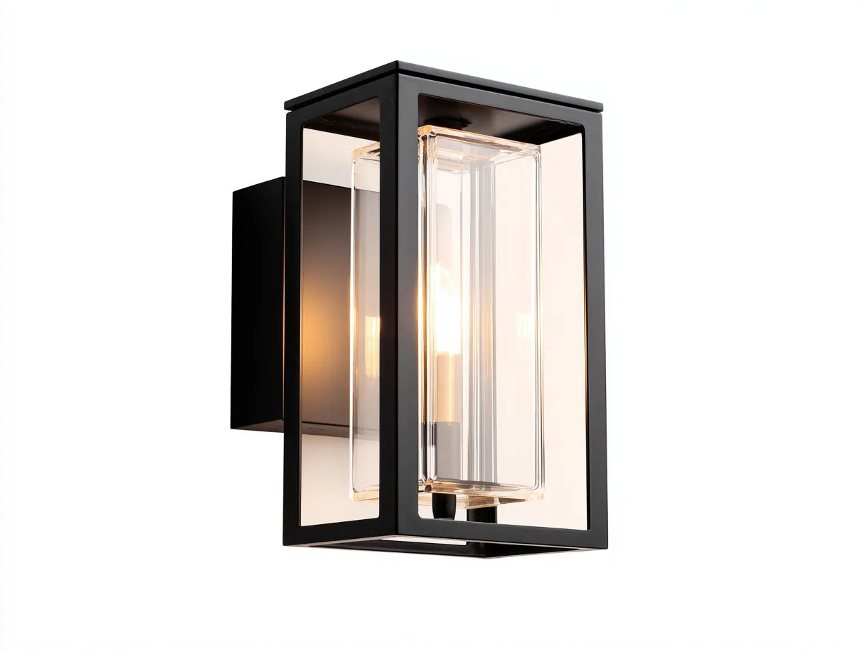 Außenwandleuchte aus Metall mit Glasrahmen 14 x 16 x 28 cm - schwarz und transparent - für Fassade Eingangsbereich und Terrasse - klassische Modern Outdoor Optik