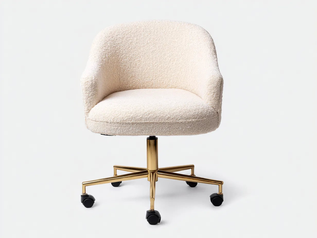 Bürostuhl 62 x 62 x 78 cm - Bouclé Stoff und Metallgestell mit Rollen - cremeweiß und gold - drehbarer Schreibtischstuhl im modernen Stil